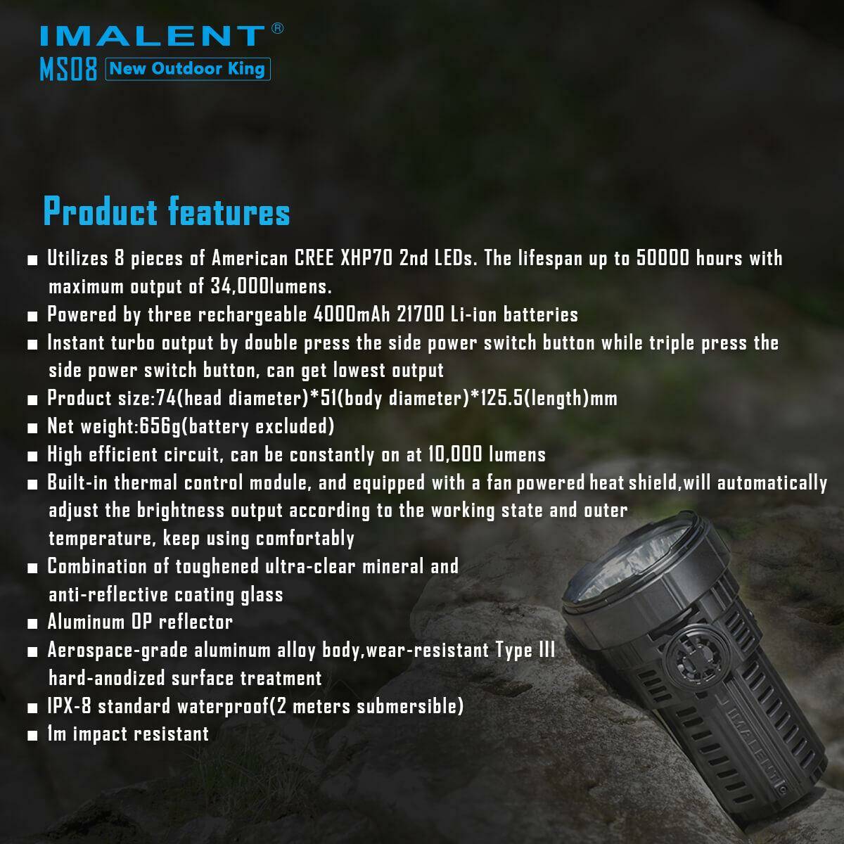 Imalent MS08 34000 Lumen 738m Throw Rechargeable LED Searchlight with Cooling Fans