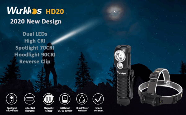 Wurkkos HD20 2000 Lumen 144m Throw Rechargeable Headlamp with Battery