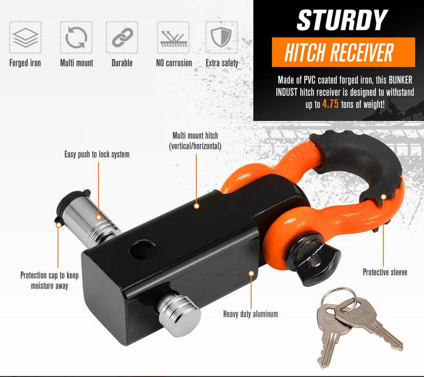 BUNKER INDUST 4WD Recovery Kit Snatch Strap Hitch Receiver Bow Shackles Off Road