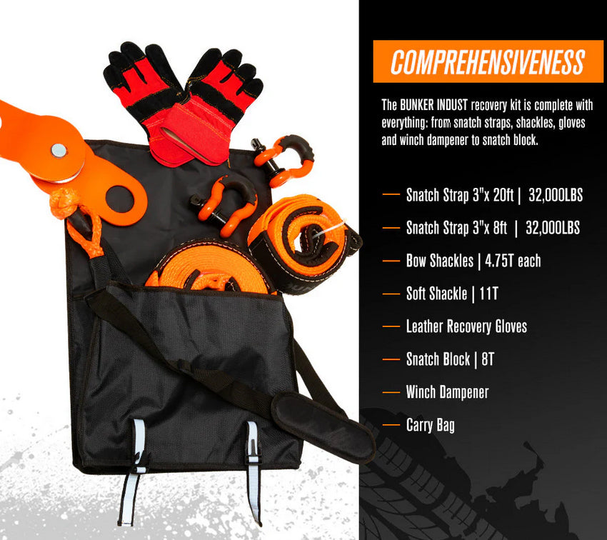 BUNKER INDUST 4WD Complete Recovery Kit Off Road Snatch Strap Dampener 9PCS 4×4