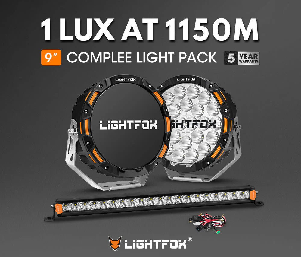 Lightfox OSRAM 9inch LED Driving Lights + 20inch Single Row LED Light Bar + Wiring Kit