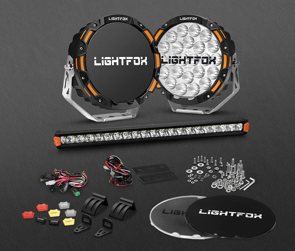 Lightfox OSRAM 9inch LED Driving Lights + 20inch Single Row LED Light Bar + Wiring Kit