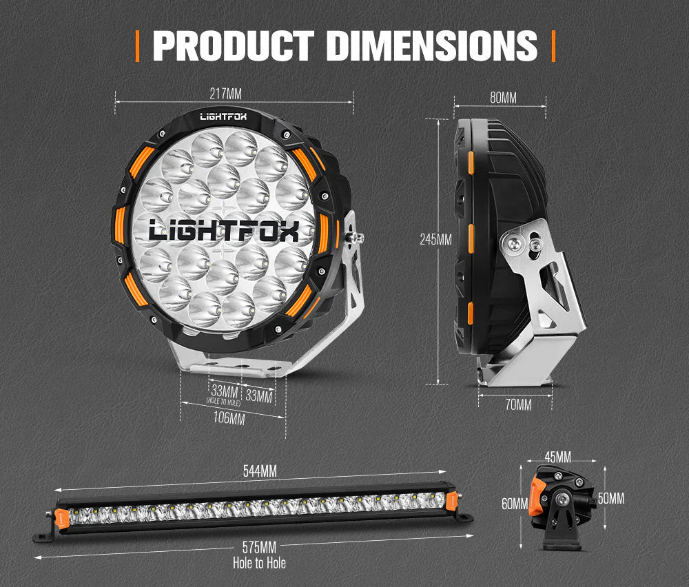Lightfox OSRAM 9inch LED Driving Lights + 20inch Single Row LED Light Bar + Wiring Kit