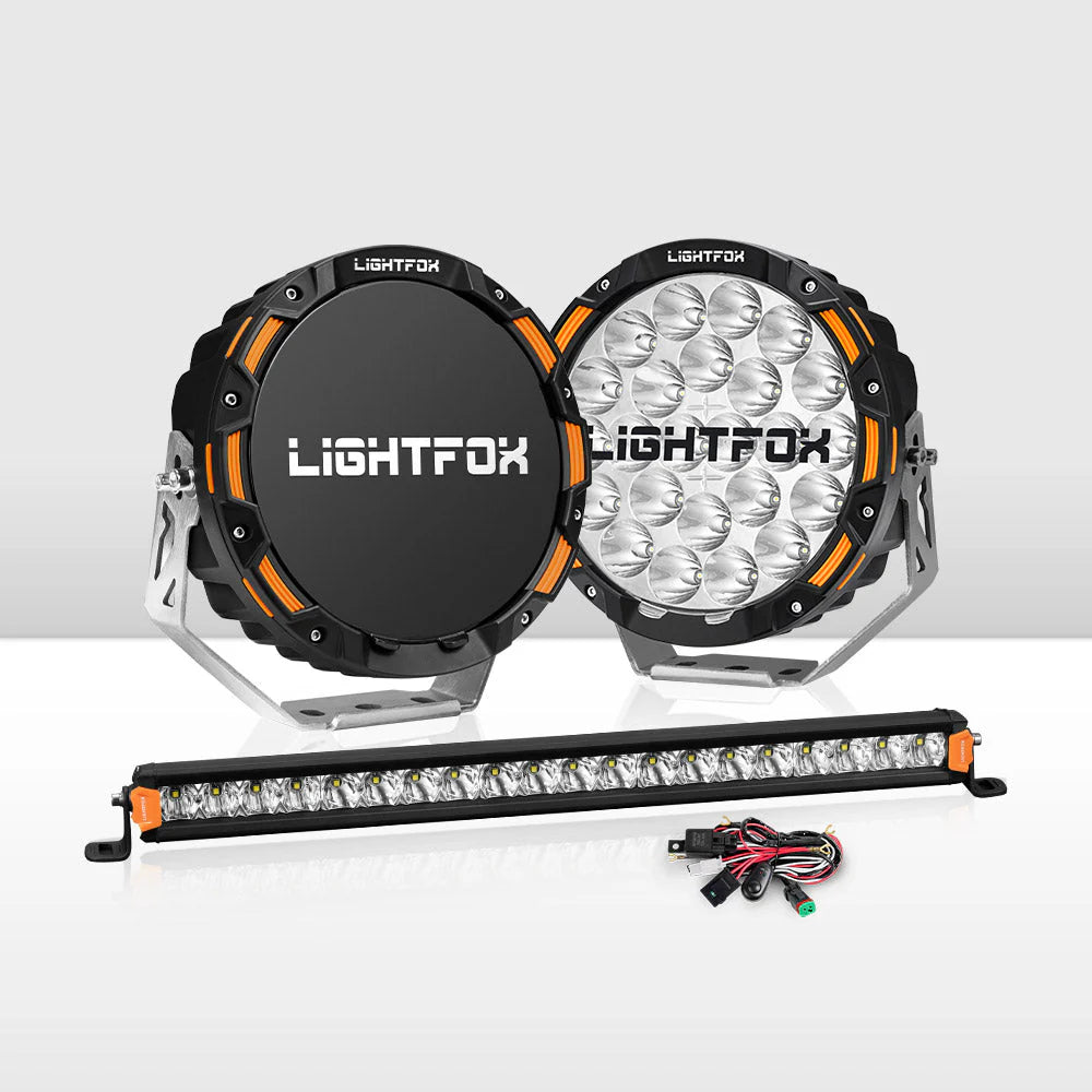 Lightfox OSRAM 9inch LED Driving Lights + 20inch Single Row LED Light Bar + Wiring Kit