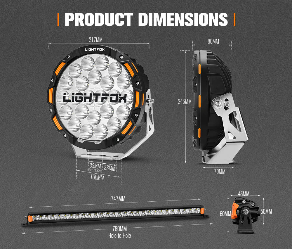 Lightfox OSRAM 9inch LED Driving Lights + 28inch Single Row LED Light Bar + Wiring Kit