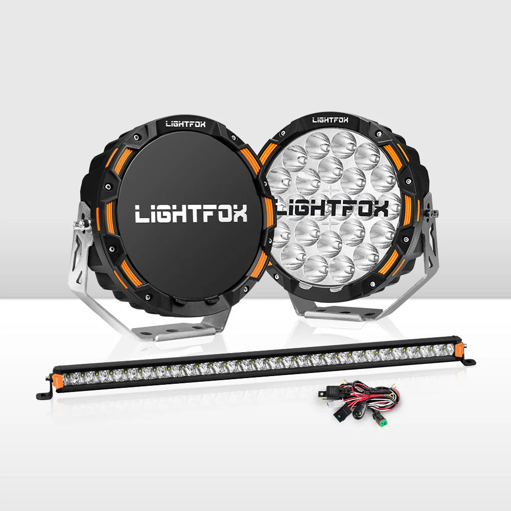 Lightfox OSRAM 9inch LED Driving Lights + 28inch Single Row LED Light Bar + Wiring Kit