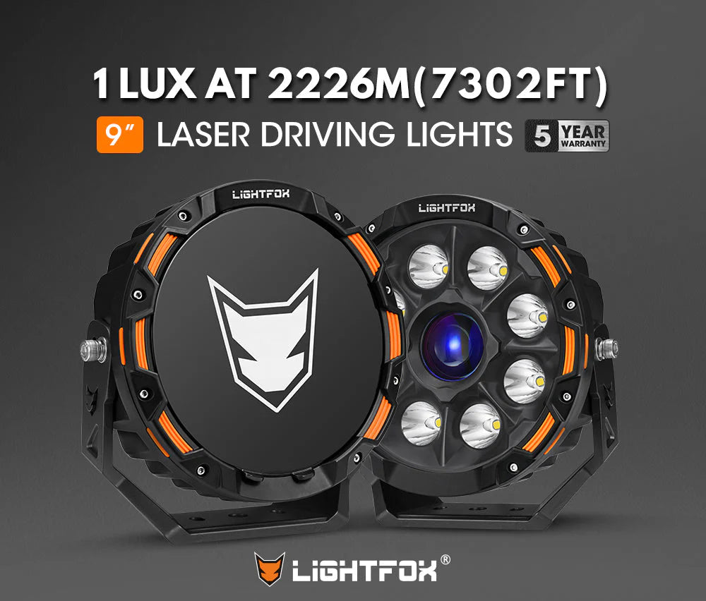 Lightfox 9inch Laser LED Driving Lights 1Lux@7,302ft/2,226m IP68 15,046 Lumens