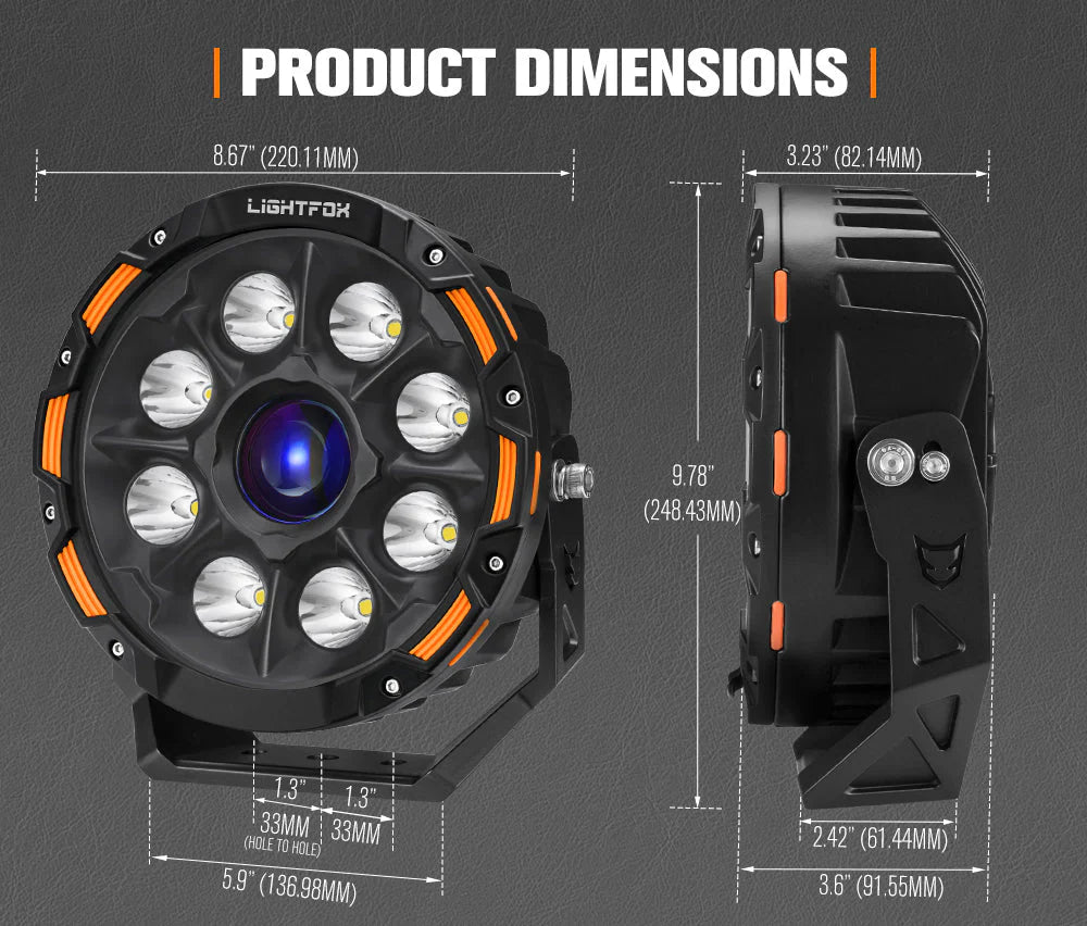 Lightfox 9inch Laser LED Driving Lights 1Lux@7,302ft/2,226m IP68 15,046 Lumens