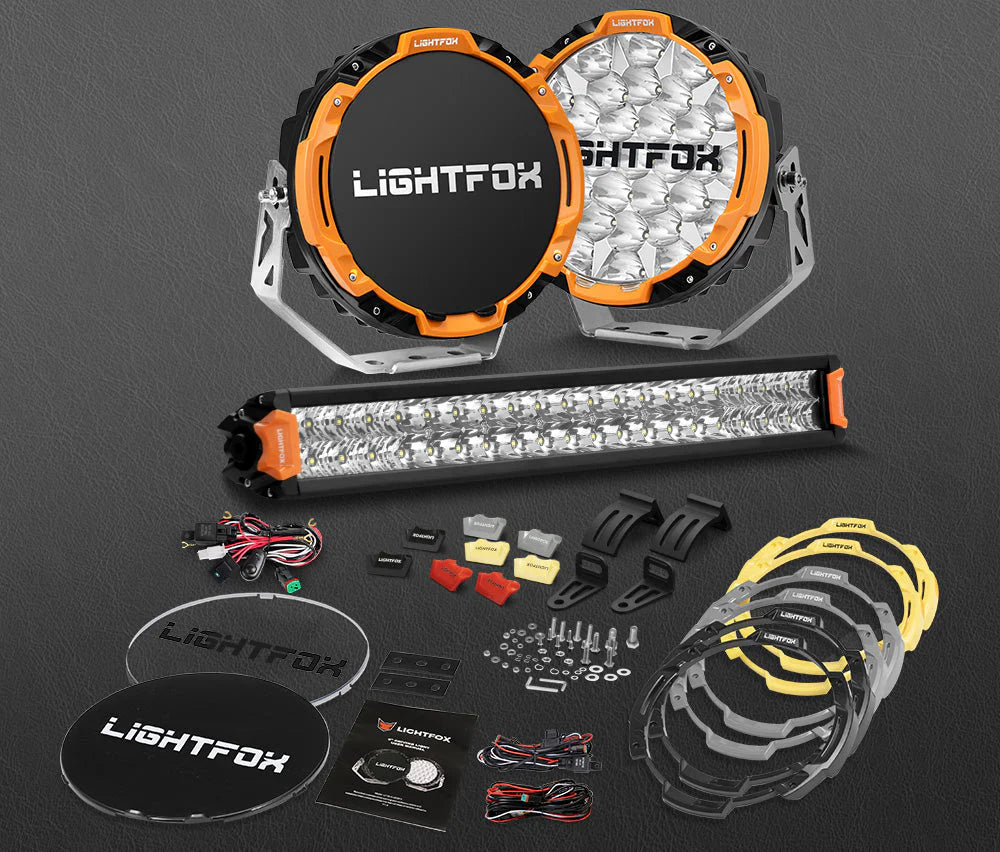 Lightfox Osram 9inch LED Driving Lights Spotlights + 20inch Dual Row LED Light Bar with Wiring Kit