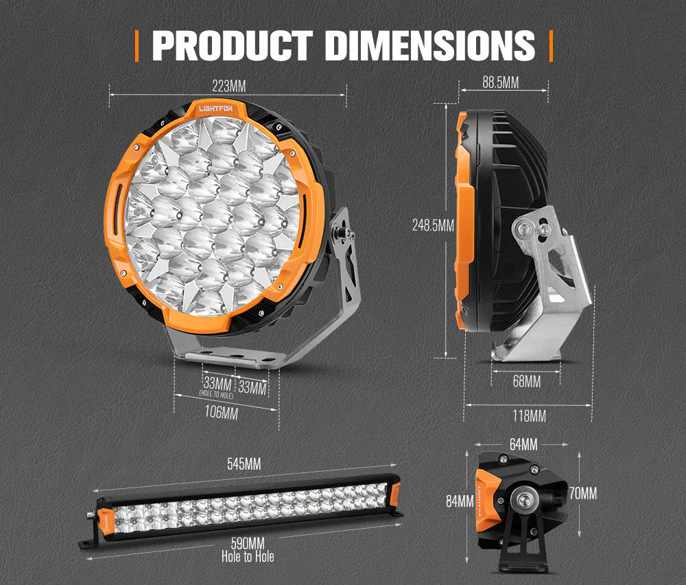 Lightfox Osram 9inch LED Driving Lights Spotlights + 20inch Dual Row LED Light Bar with Wiring Kit