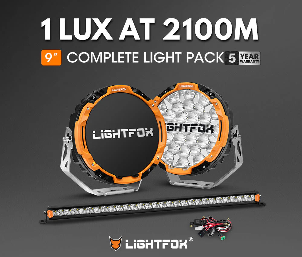 Lightfox Osram 9inch LED Driving Lights + 28inch Single Row LED Light Bar with Wiring Kit