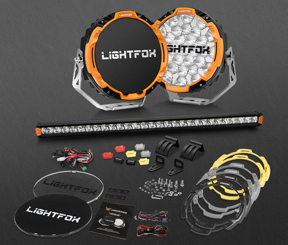 Lightfox Osram 9inch LED Driving Lights + 28inch Single Row LED Light Bar with Wiring Kit
