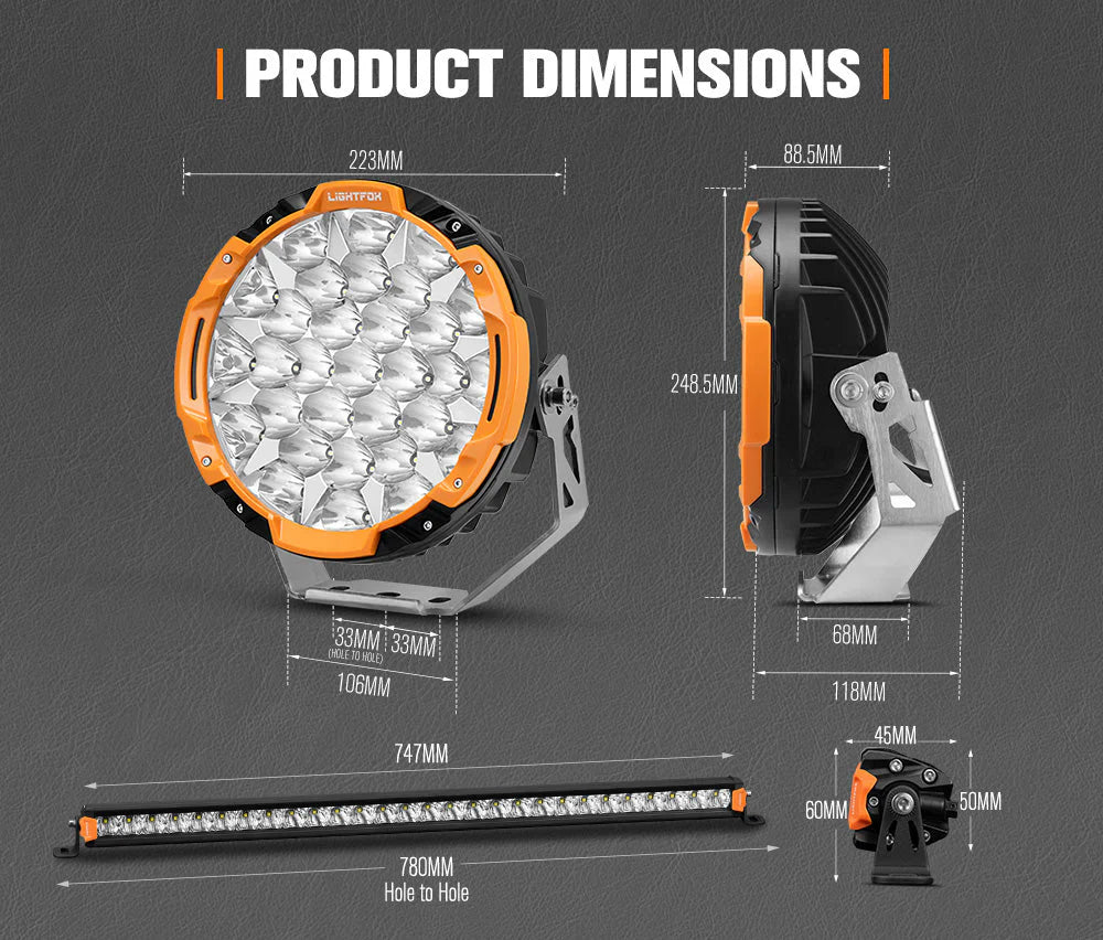 Lightfox Osram 9inch LED Driving Lights + 28inch Single Row LED Light Bar with Wiring Kit