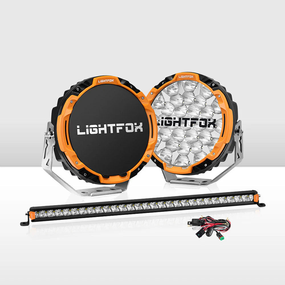 Lightfox Osram 9inch LED Driving Lights + 28inch Single Row LED Light Bar with Wiring Kit