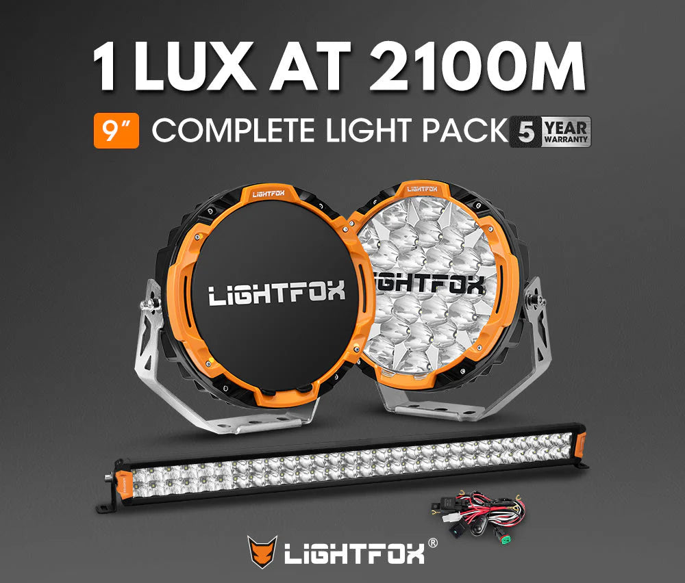 Lightfox Osram 9inch LED Driving Lights + 30inch Dual Row LED Light Bar with Wiring Kit