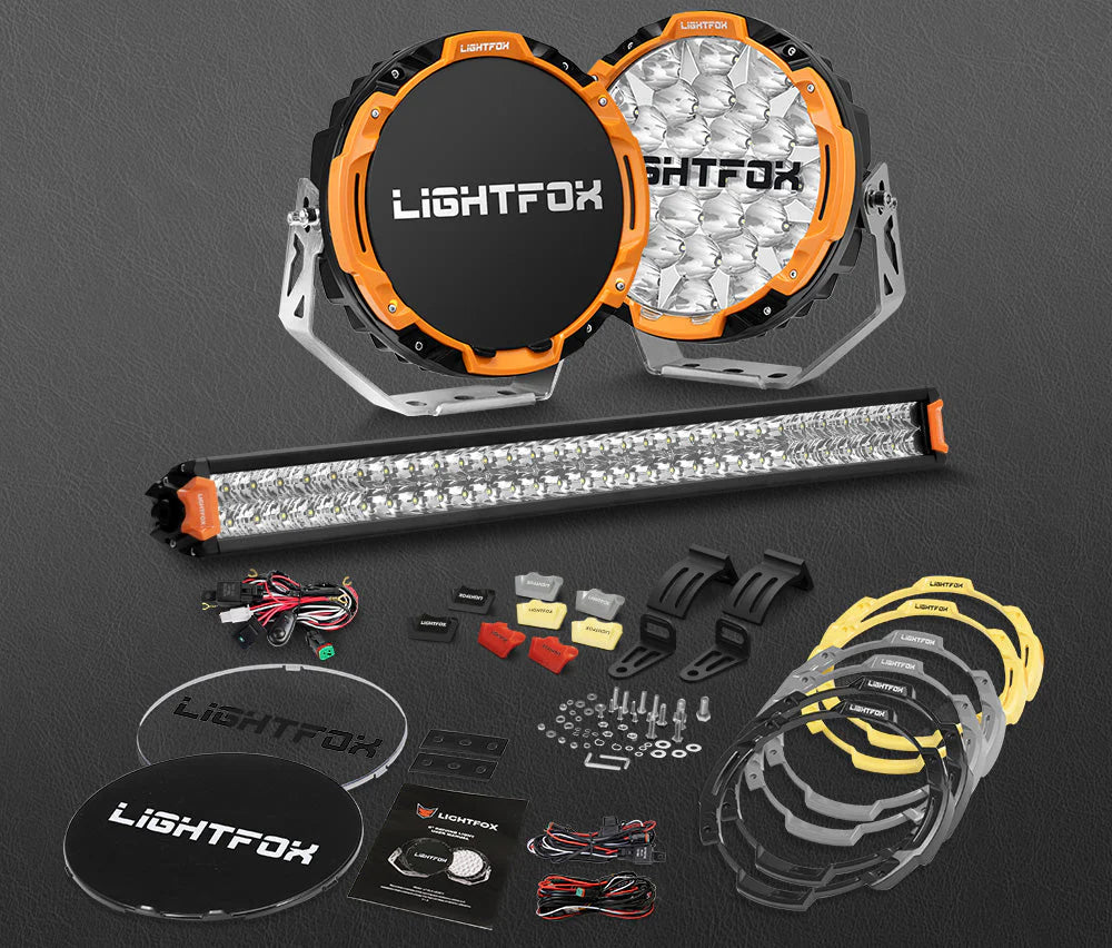 Lightfox Osram 9inch LED Driving Lights + 30inch Dual Row LED Light Bar with Wiring Kit