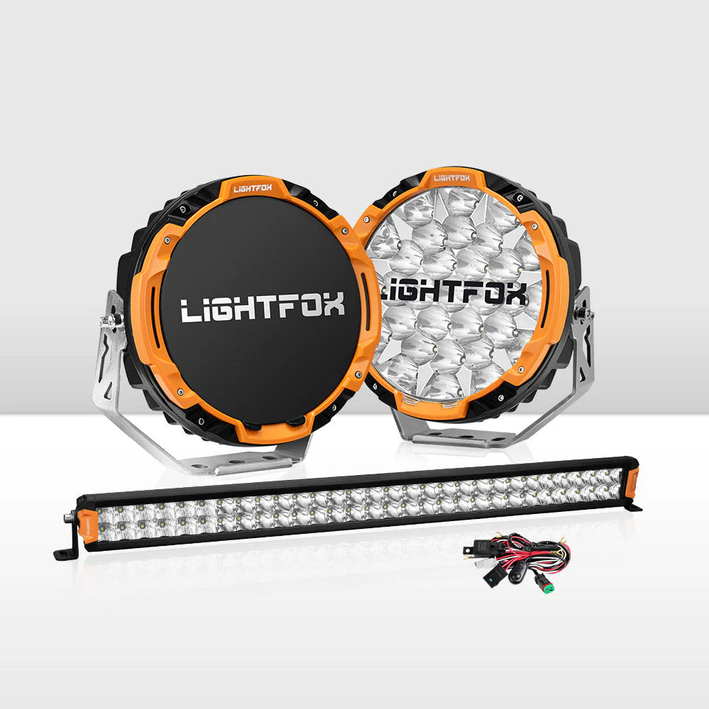 Lightfox Osram 9inch LED Driving Lights + 30inch Dual Row LED Light Bar with Wiring Kit