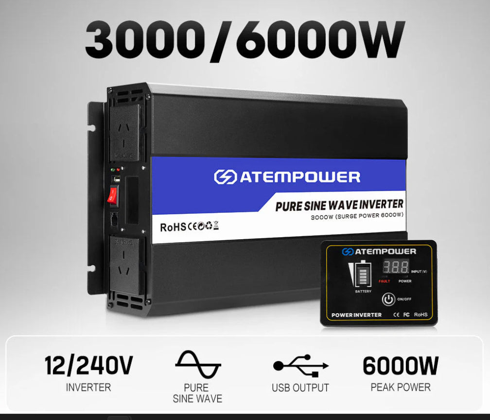 Atem Power 3000W-6000W Pure Sine Wave Power Inverter 12V To 240V Car Caravan Camping Boat