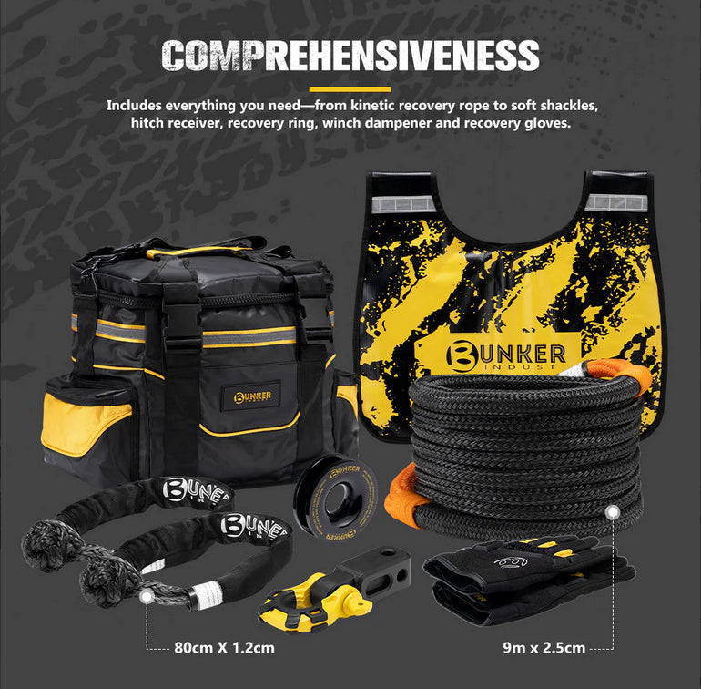 Bunker Indust Recovery Kit 4×4 Kinetic Rope Soft Shackles Winch Dampener Offroad